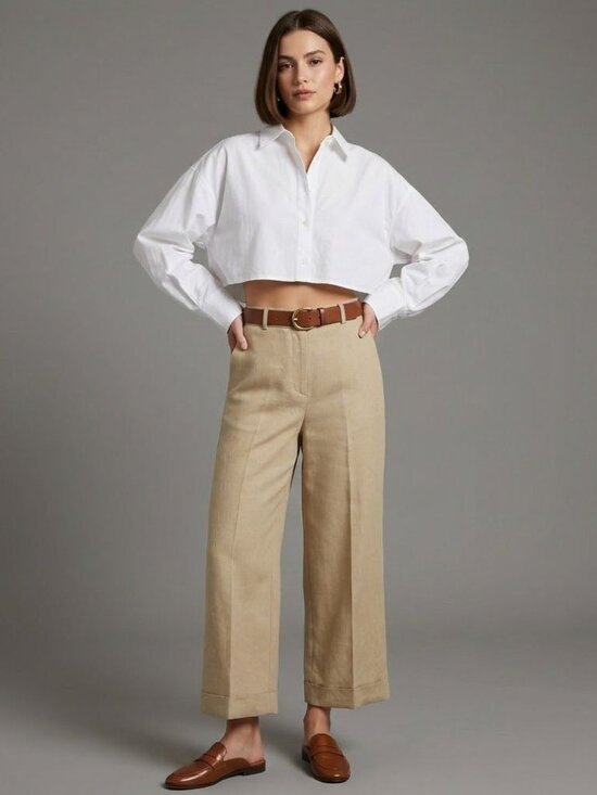 Lauren Ralph Lauren Pants - Lauren Ralph Lauren Beige Linen-Blend Wide-Leg Cropped Pants Size 12